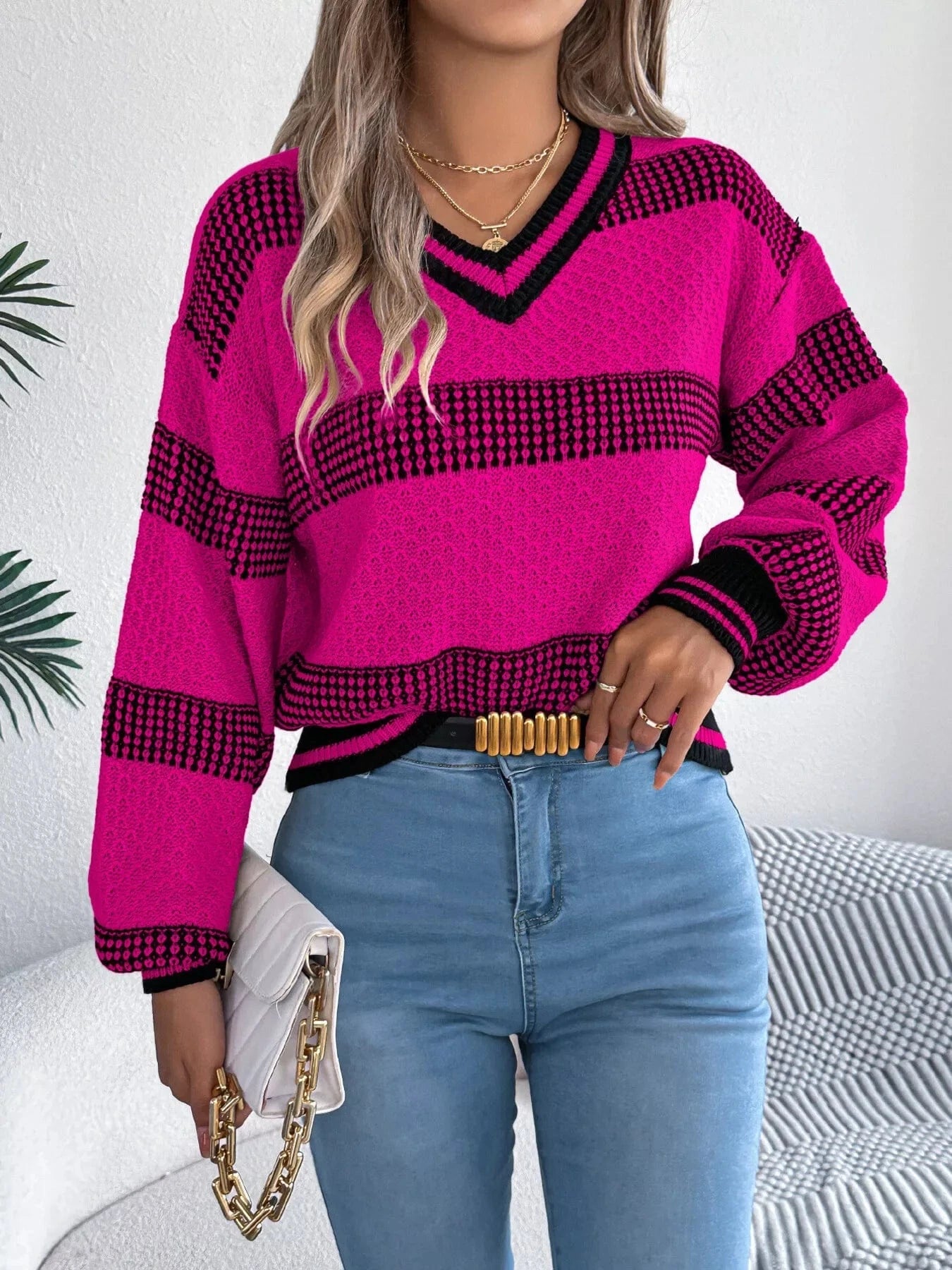 Sporty Contrast Striped V-Neck Sweater Sweaters The Nichole Collection