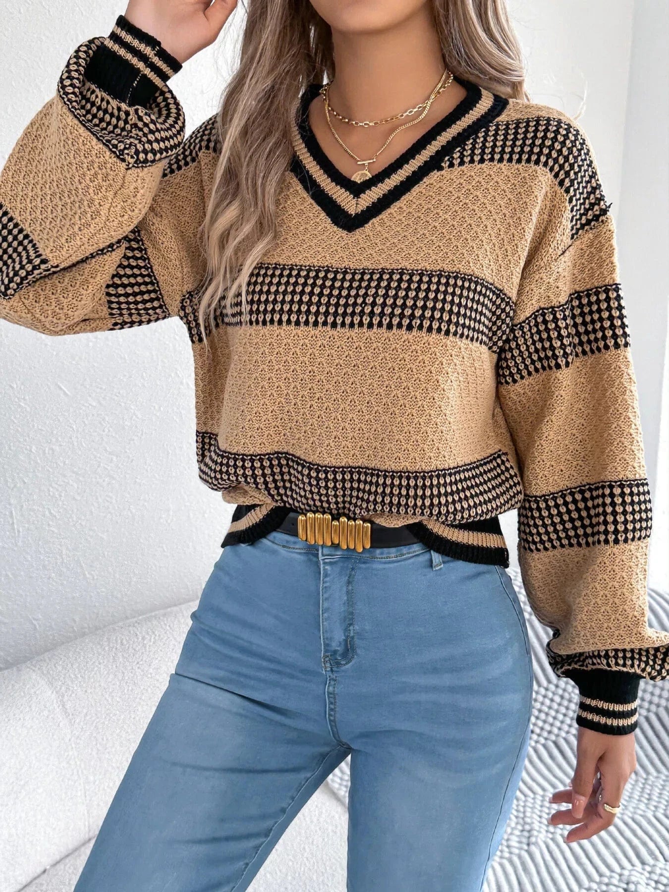Sporty Contrast Striped V-Neck Sweater Sweaters The Nichole Collection