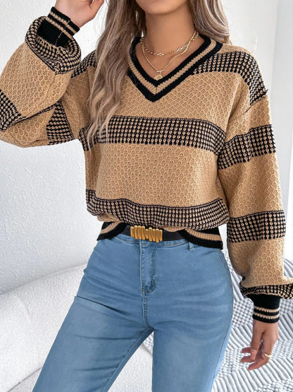 Sporty Contrast Striped V-Neck Sweater Sweaters The Nichole Collection