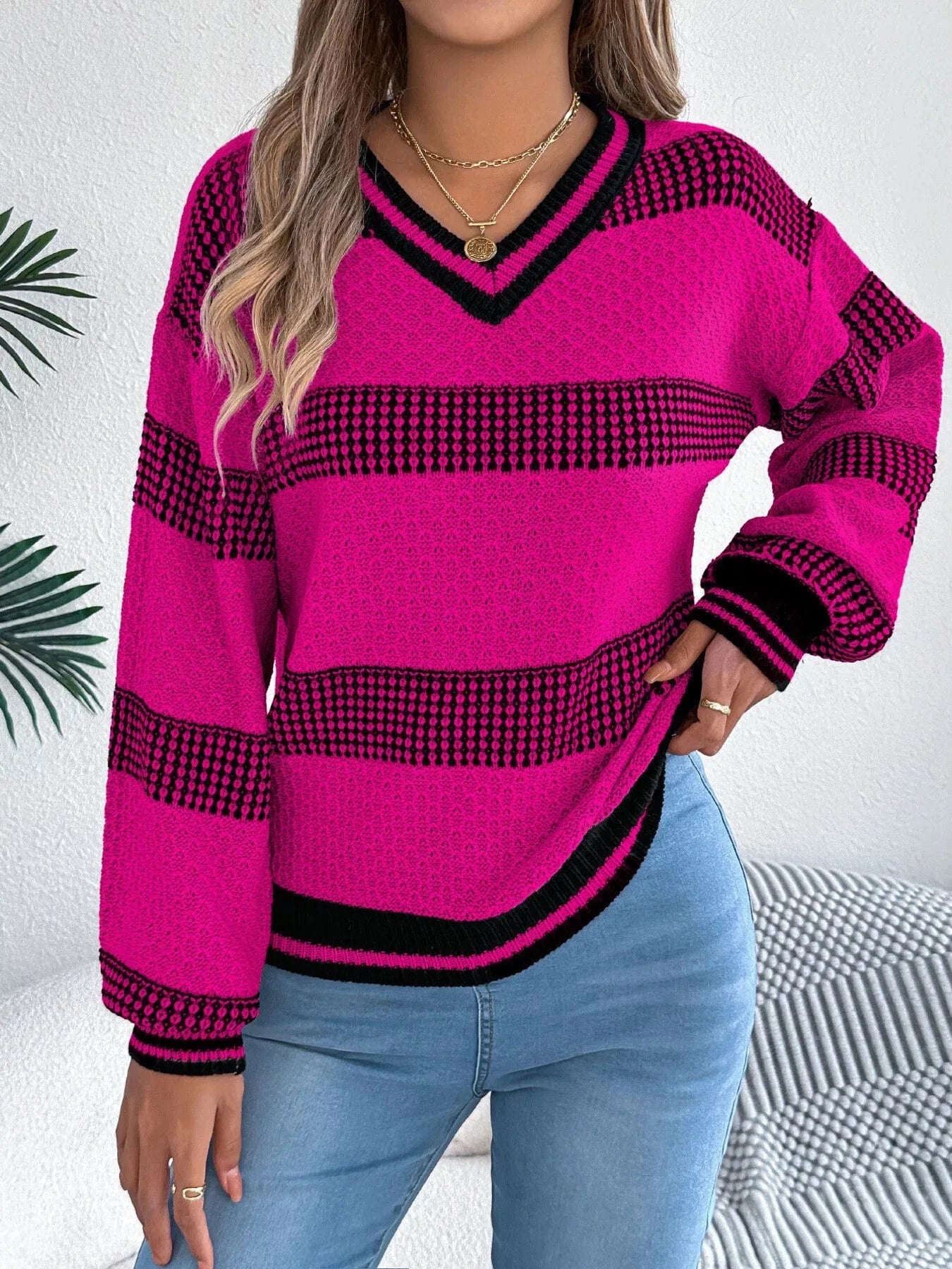 Sporty Contrast Striped V-Neck Sweater Sweaters The Nichole Collection
