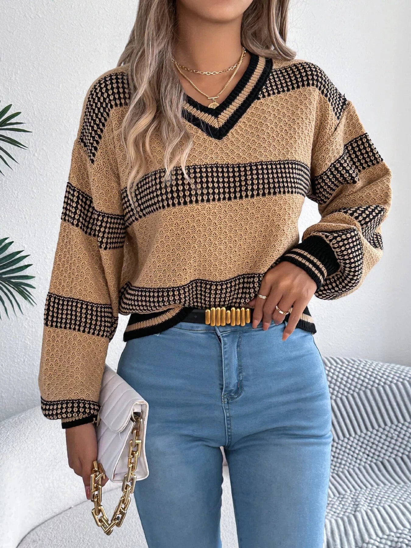 Sporty Contrast Striped V-Neck Sweater Sweaters The Nichole Collection