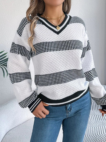 Sporty Contrast Striped V-Neck Sweater Sweaters The Nichole Collection