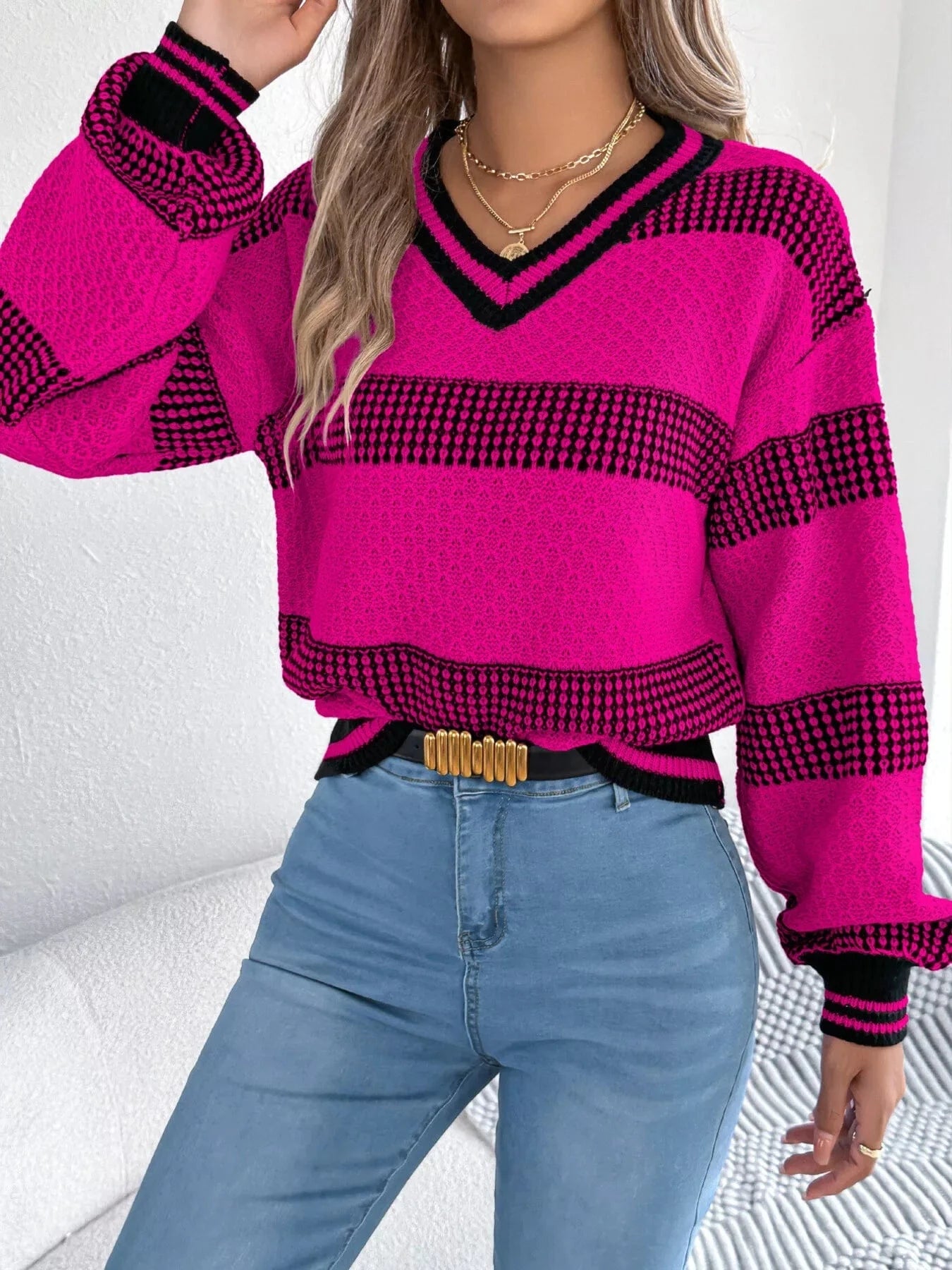 Sporty Contrast Striped V-Neck Sweater Sweaters The Nichole Collection