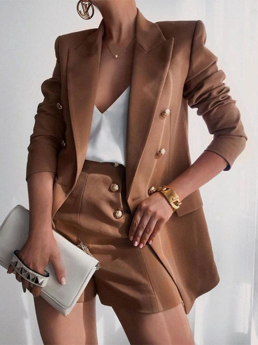 Summer Chic Lapel Collar Blazer and Shorts Set Caramel / S The Nichole Collection