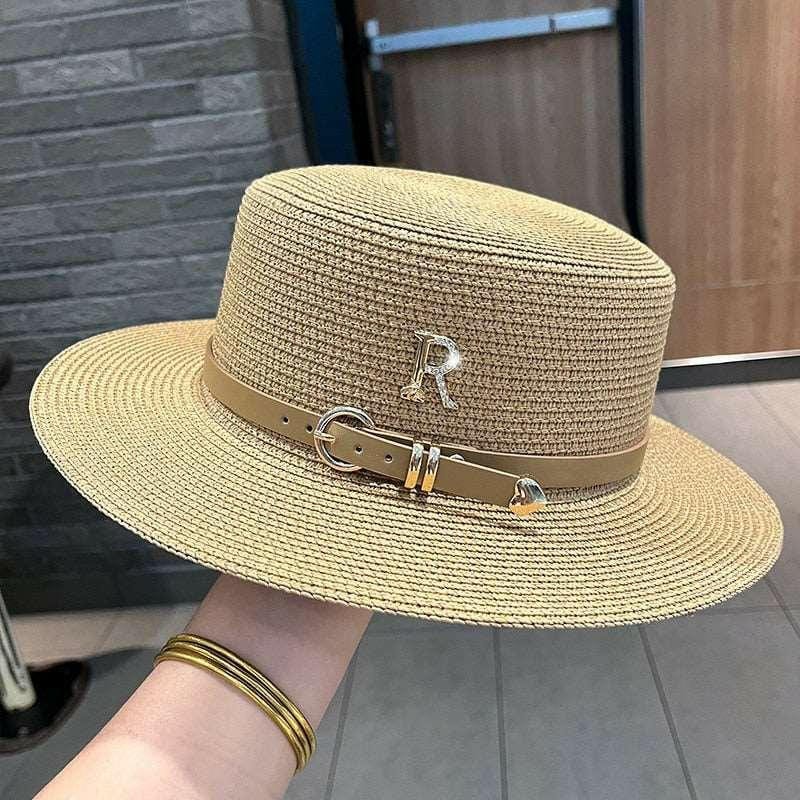 Spring Straw Hat with Letter R Buckle Khaki / One Size The Nichole Collection