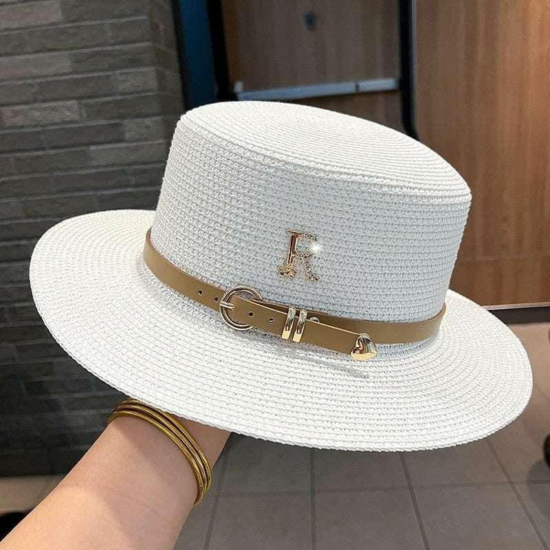 Spring Straw Hat with Letter R Buckle Off White / One Size The Nichole Collection