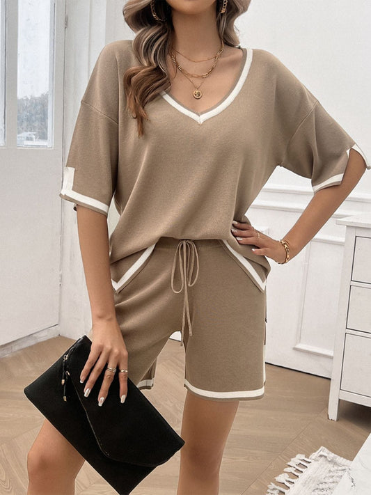 Summer Time Ready Contrast Trim V-Neck Top and Shorts Set The Nichole Collection