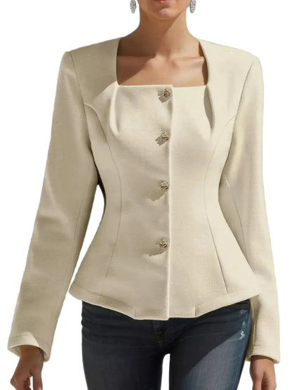 Square Neck Button-Down Fitted Blazer - Cream / S