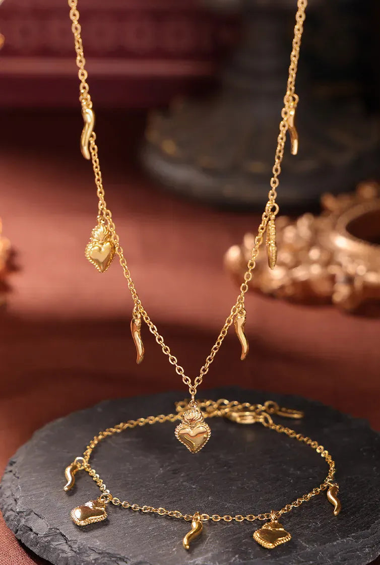 Stainless Steel Heart Charm Bracelet and Necklace Set Gold / One Size The Nichole Collection