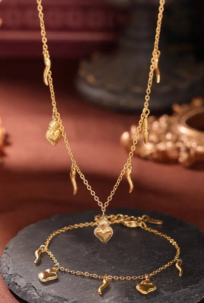 Stainless Steel Heart Charm Bracelet and Necklace Set Gold / One Size The Nichole Collection