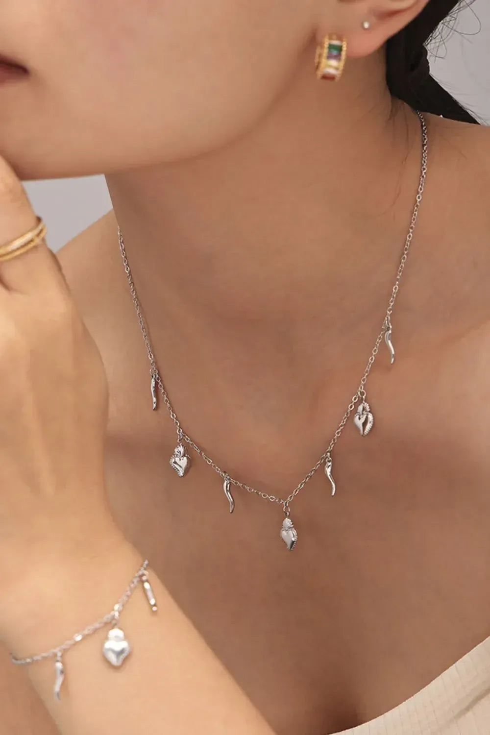 Stainless Steel Heart Charm Bracelet and Necklace Set Silver / One Size The Nichole Collection