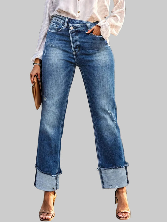 Stepped Waist Raw Hem Rolled Straight Jeans Jeans Medium / S The Nichole Collection