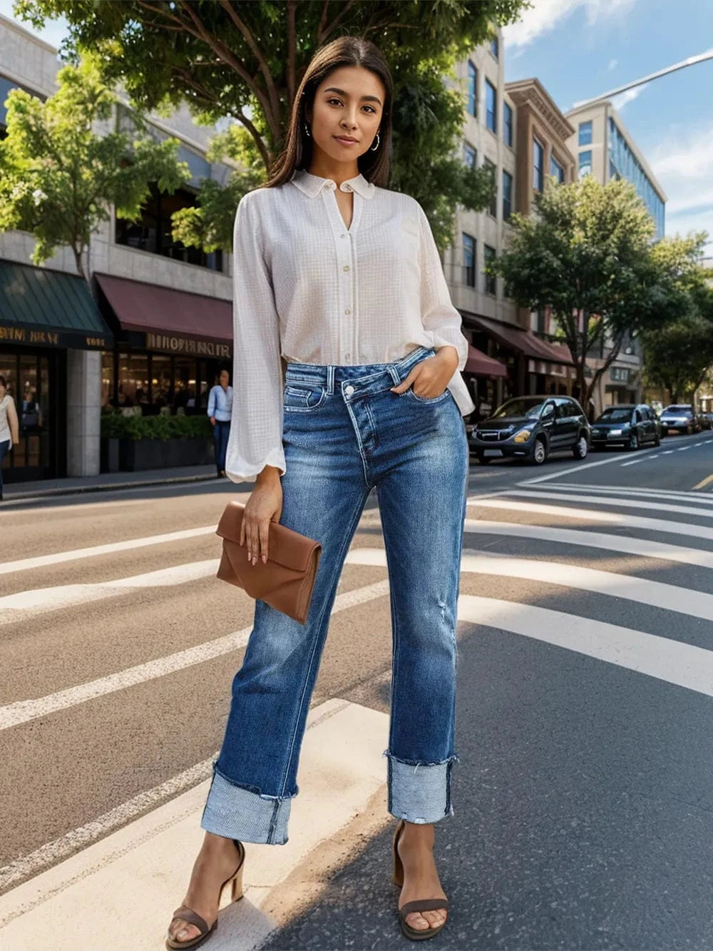 Stepped Waist Raw Hem Rolled Straight Jeans Jeans The Nichole Collection
