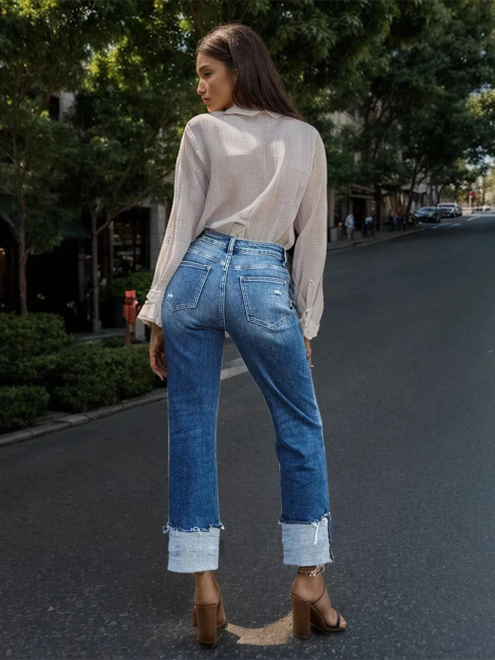 Stepped Waist Raw Hem Rolled Straight Jeans Jeans The Nichole Collection