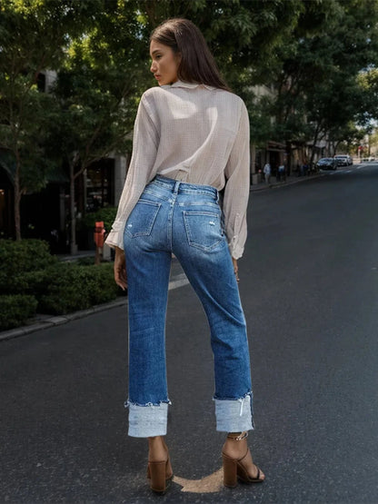 Stepped Waist Raw Hem Rolled Straight Jeans Jeans The Nichole Collection