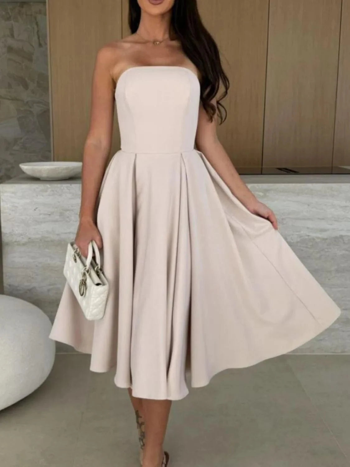 Strapless Midi Dress – Elegant Fit and Flare Dust Storm / S The Nichole Collection
