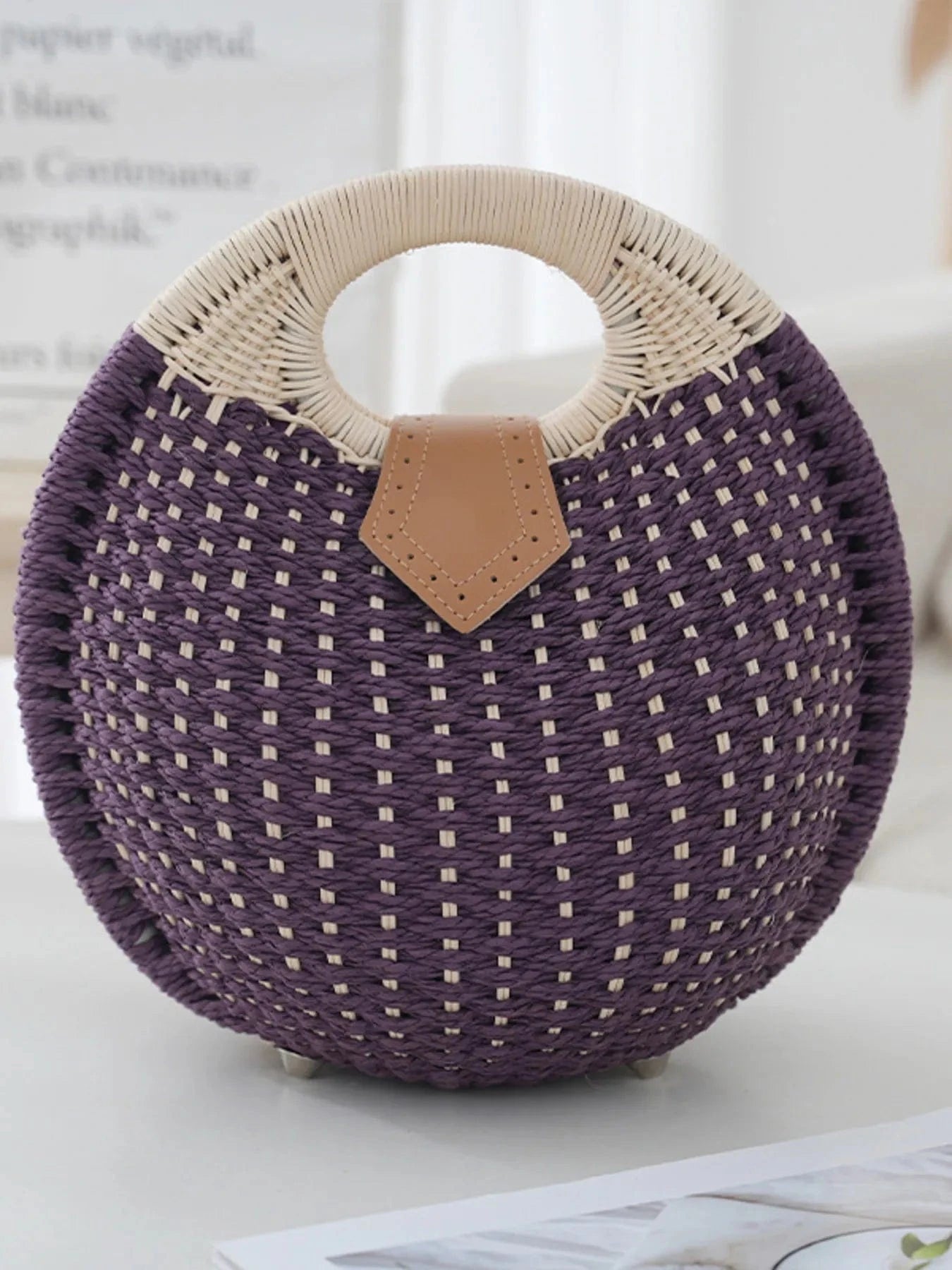 Straw Braided Round Handbag Handbags Purple / One Size The Nichole Collection
