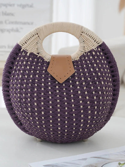 Straw Braided Round Handbag Handbags Purple / One Size The Nichole Collection