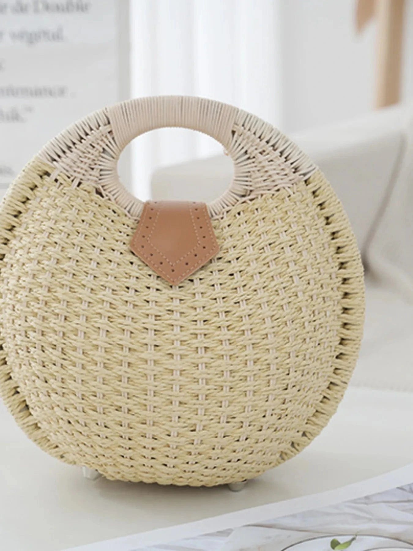 Straw Braided Round Handbag Handbags Creamy-white / One Size The Nichole Collection