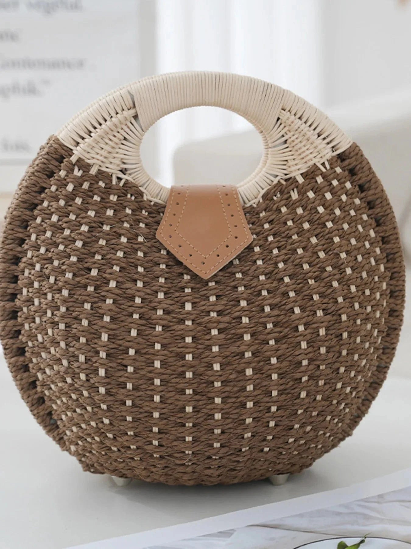 Straw Braided Round Handbag Handbags Brown / One Size The Nichole Collection