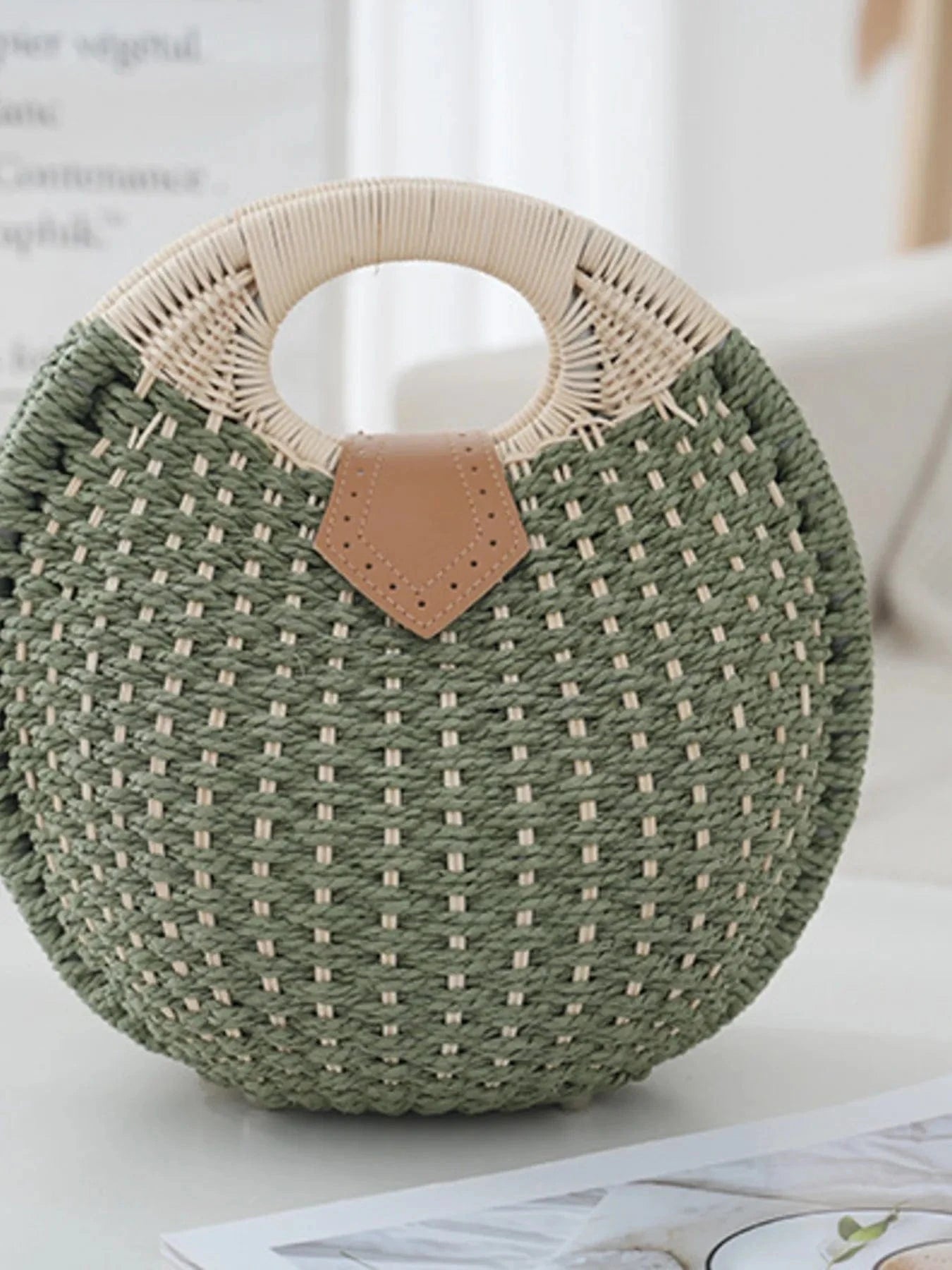 Straw Braided Round Handbag Handbags Green / One Size The Nichole Collection