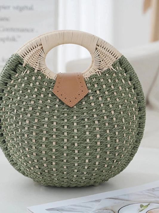 Straw Braided Round Handbag Handbags Green / One Size The Nichole Collection
