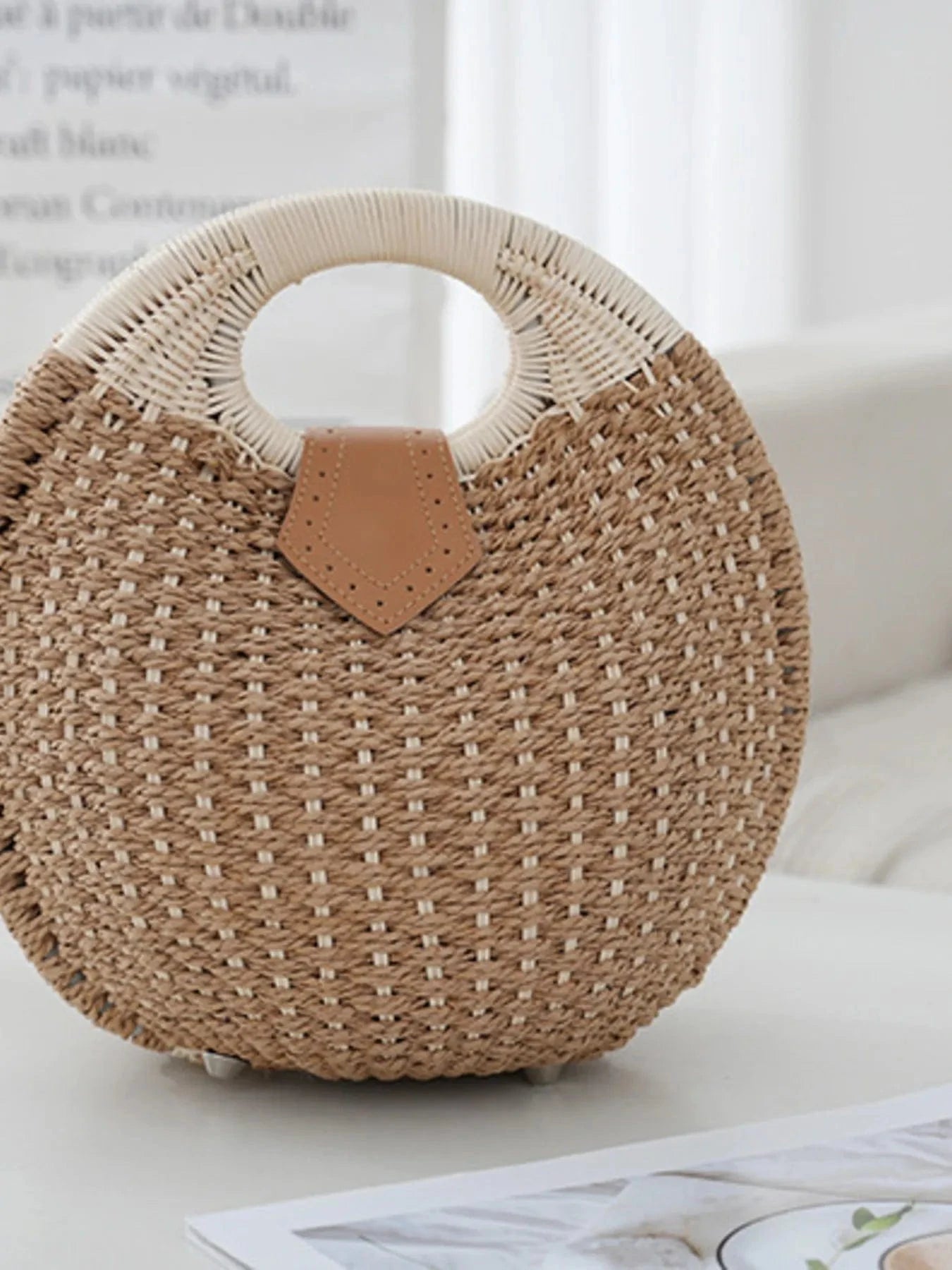 Straw Braided Round Handbag Handbags Dark Khaki / One Size The Nichole Collection