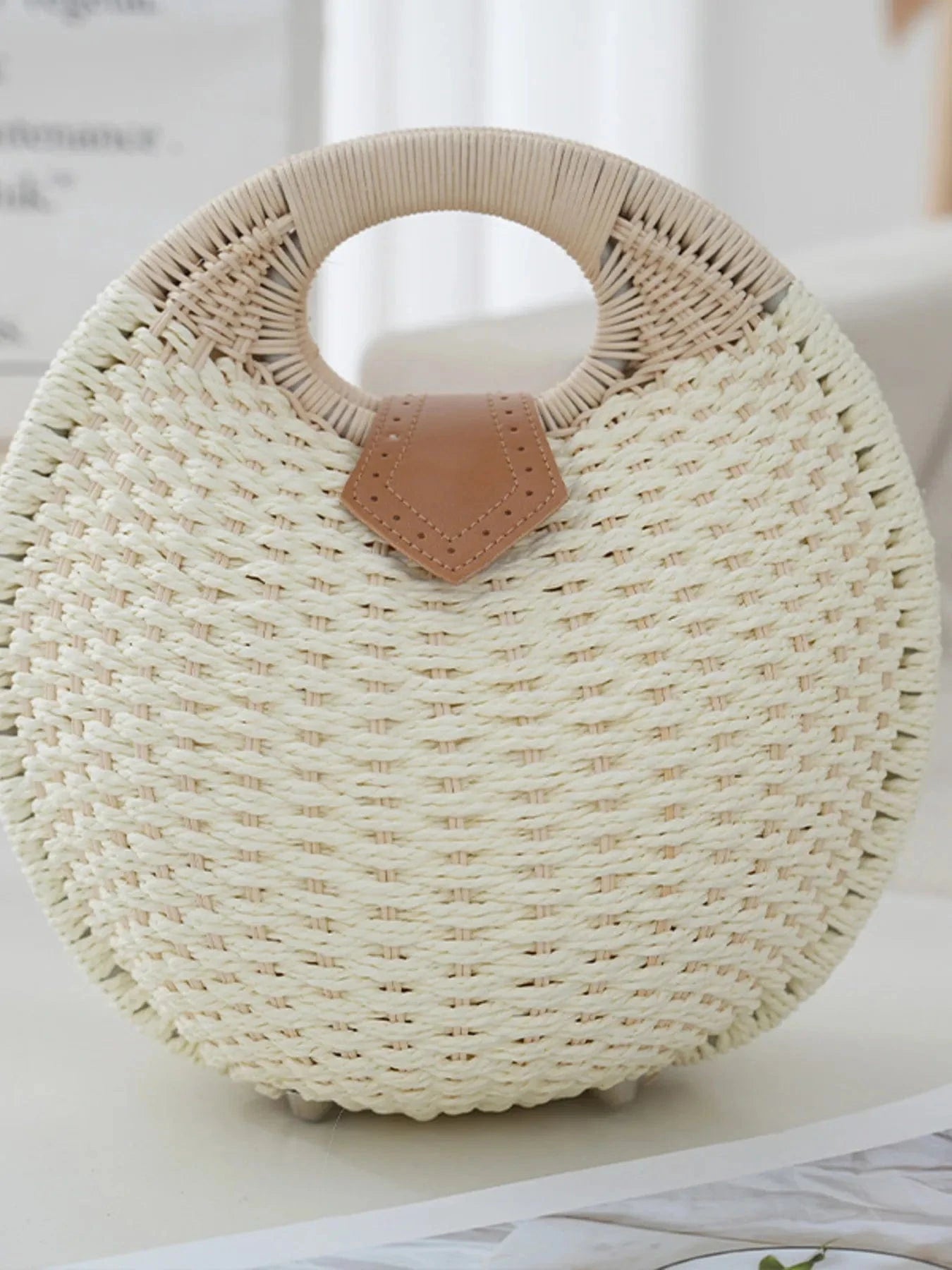 Straw Braided Round Handbag Handbags White / One Size The Nichole Collection