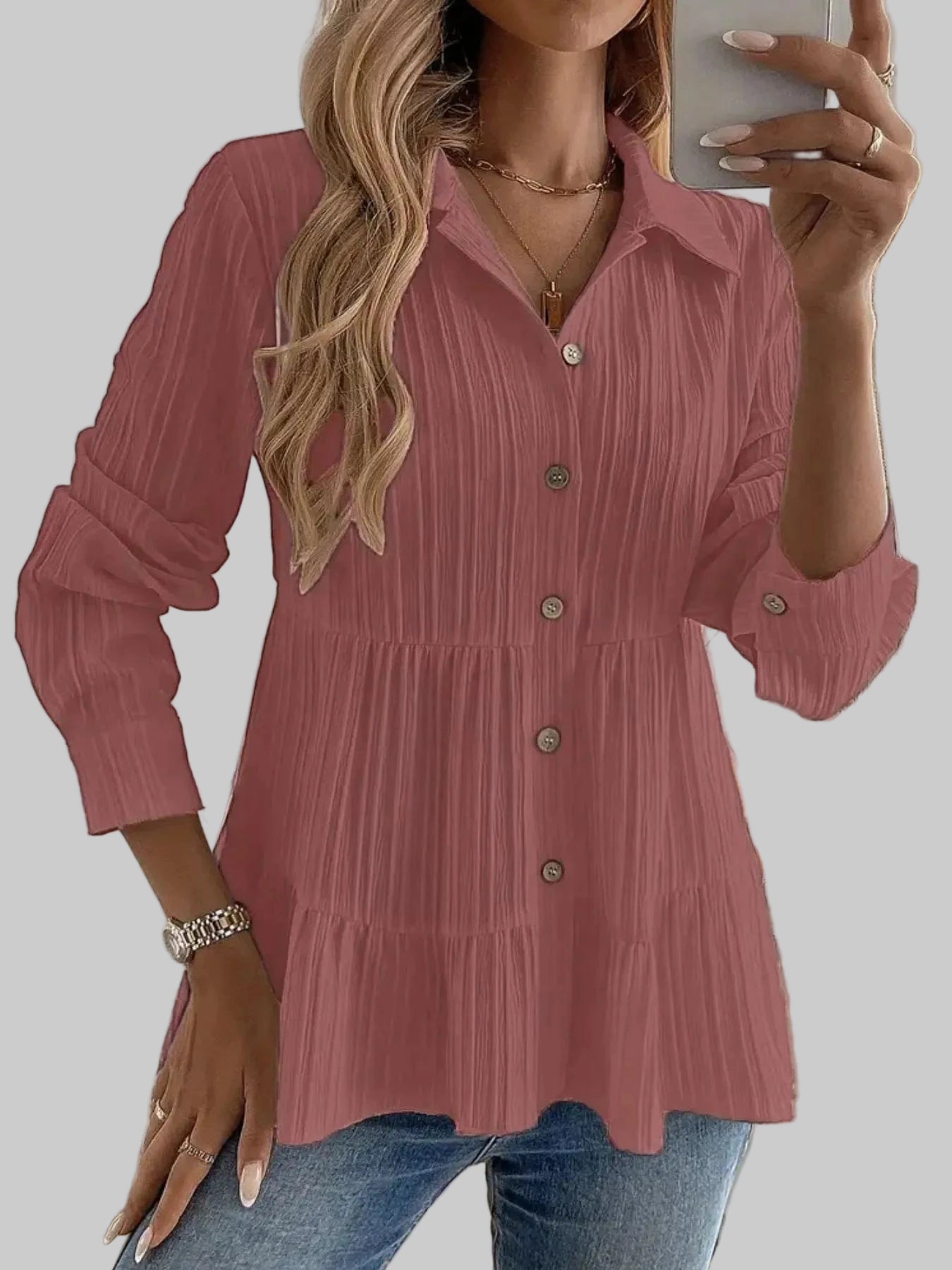 Striped Button-Down Tiered Shirt Shirts & Tops Peach Color / S The Nichole Collection