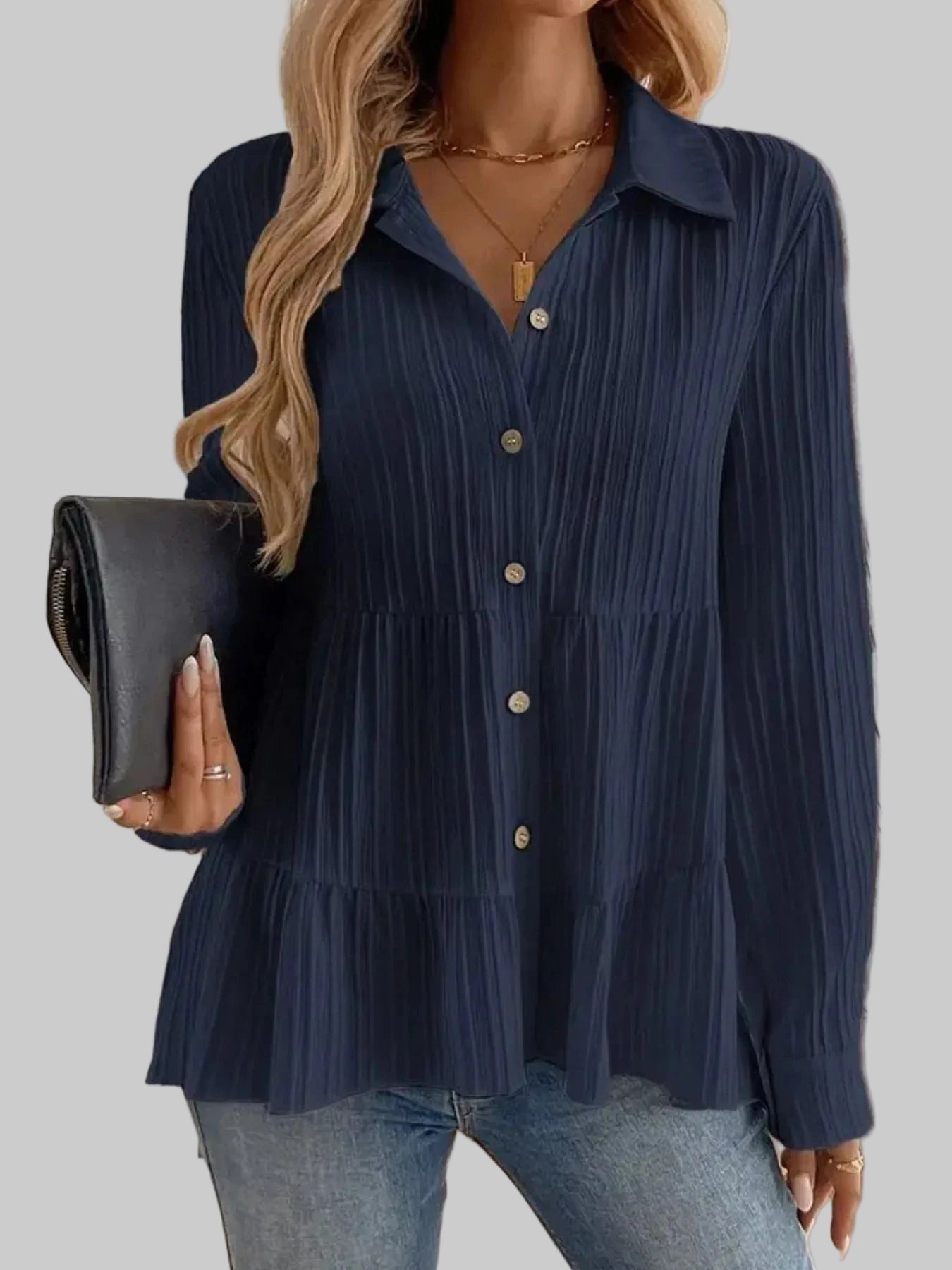 Striped Button-Down Tiered Shirt Shirts & Tops Navy Blue / S The Nichole Collection