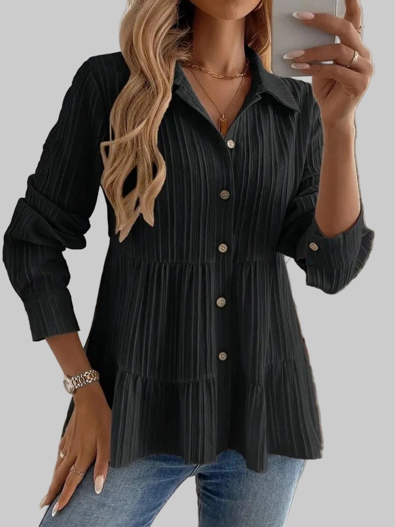 Striped Button-Down Tiered Shirt Shirts & Tops Black / S The Nichole Collection