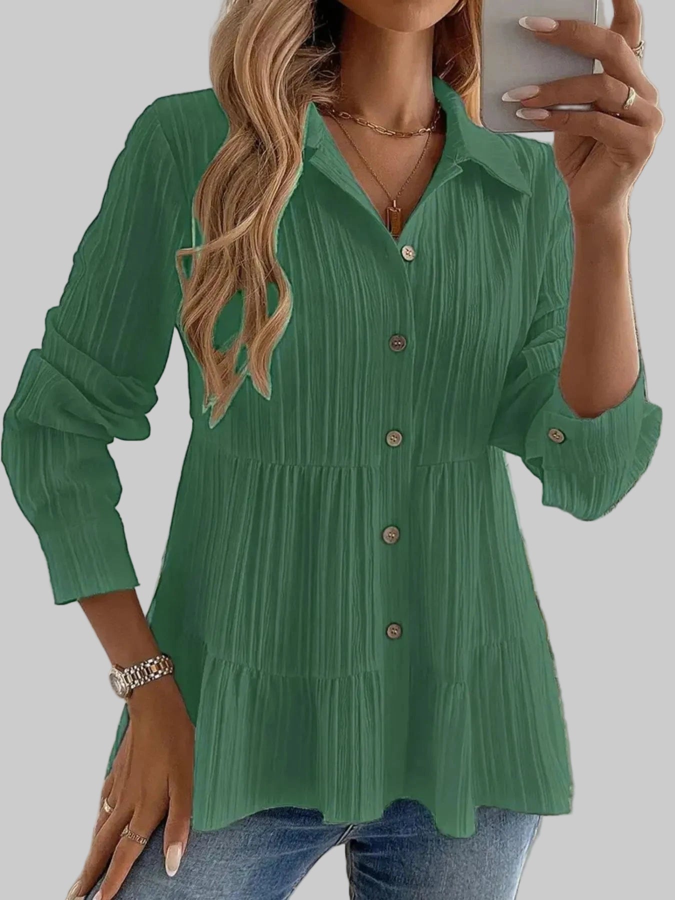 Striped Button-Down Tiered Shirt Shirts & Tops Dark Green / S The Nichole Collection