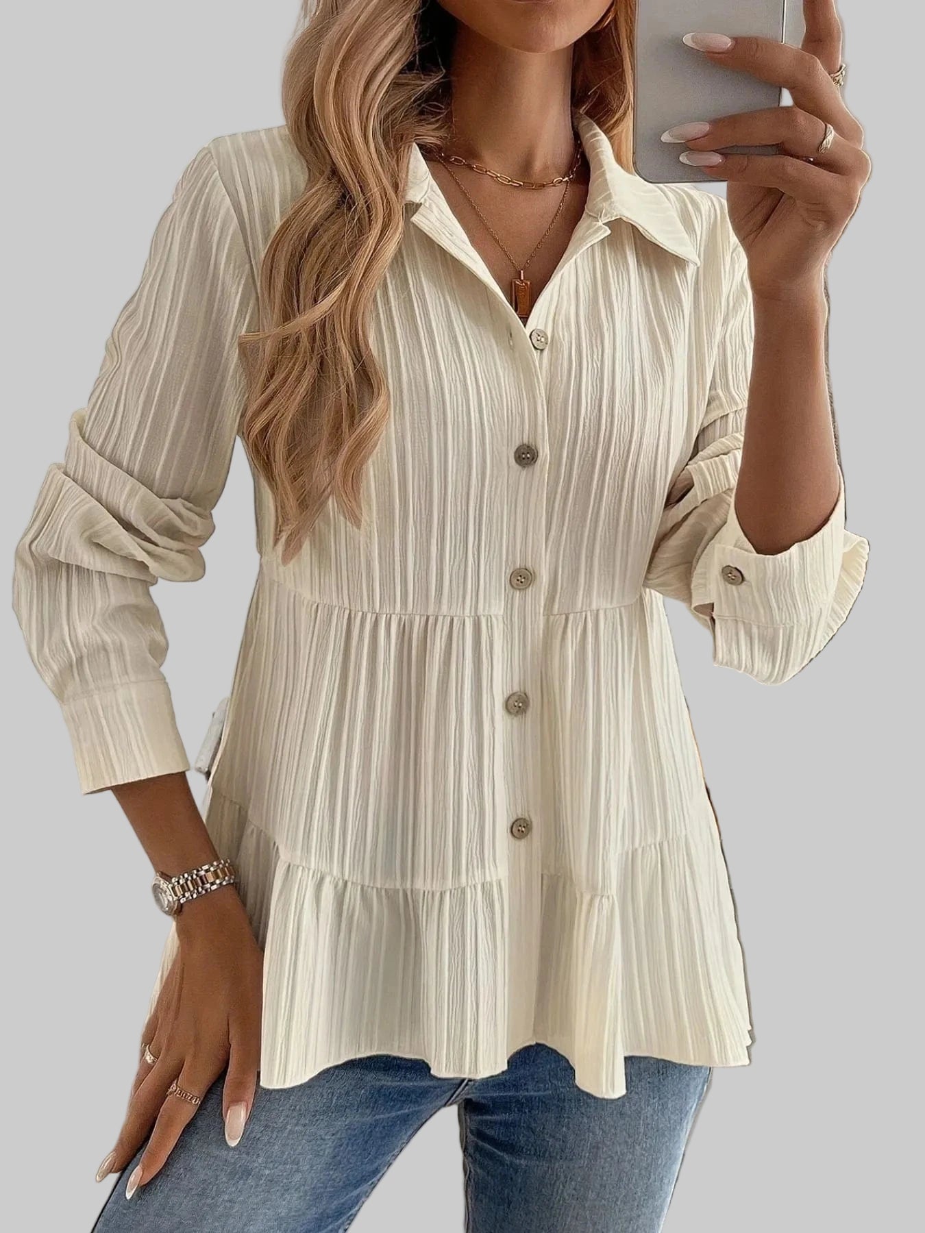 Striped Button-Down Tiered Shirt Shirts & Tops Apricot / S The Nichole Collection