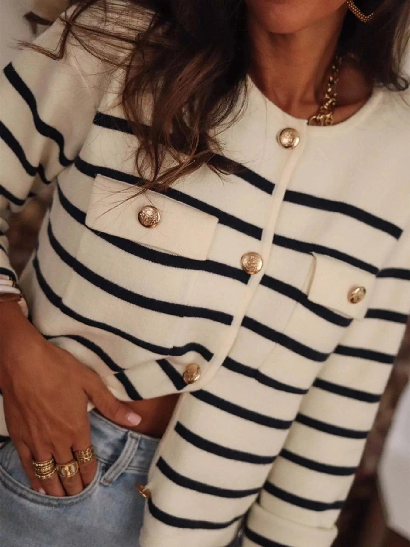 Striped Button-Front Cardigan Cardigan The Nichole Collection