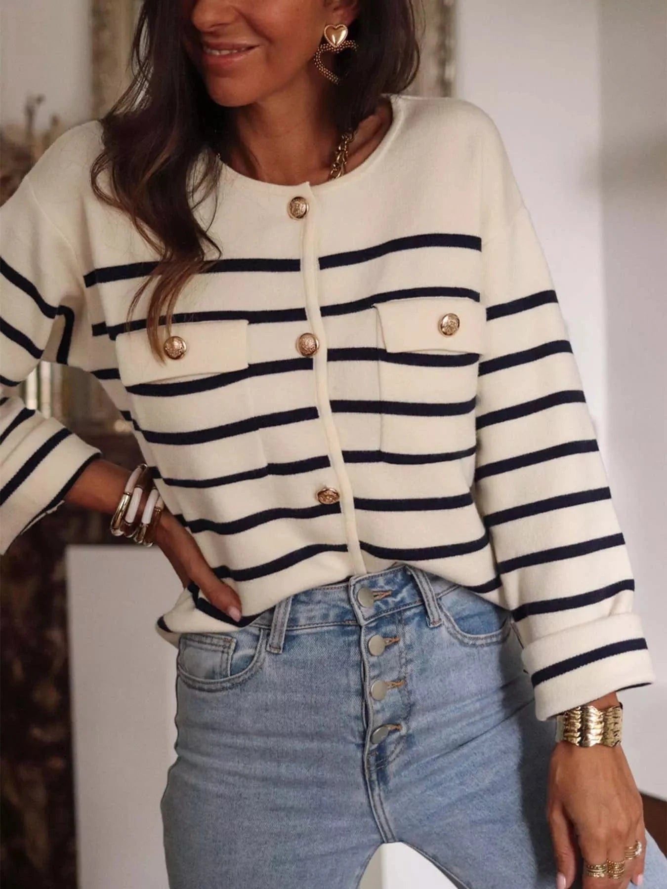 Striped Button-Front Cardigan Cardigan The Nichole Collection