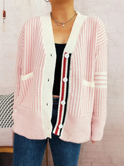 Striped Button-Front Cardigan with Contrast Trim Cardigan The Nichole Collection