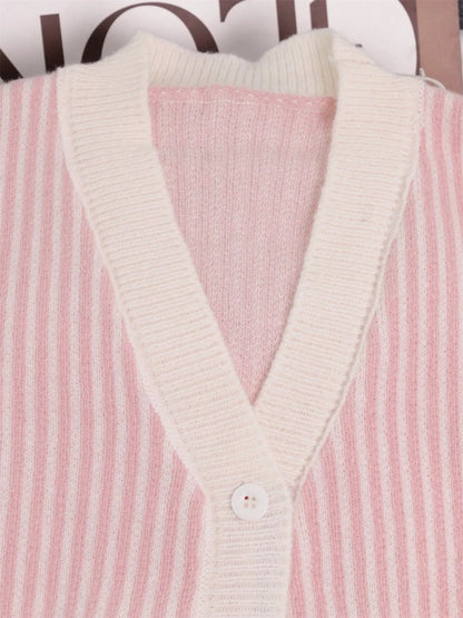 Striped Button-Front Cardigan with Contrast Trim Cardigan The Nichole Collection