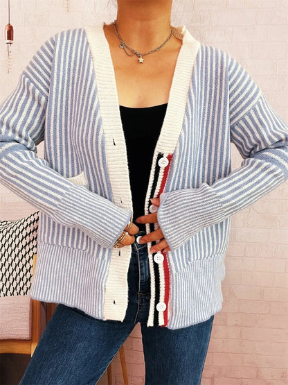Striped Button-Front Cardigan with Contrast Trim Cardigan Blue / One Size The Nichole Collection