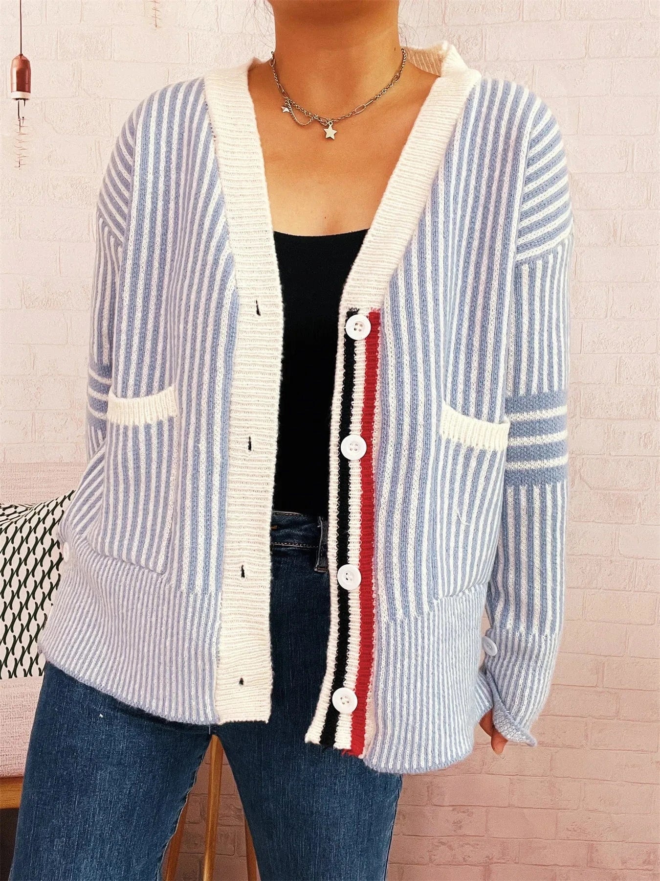 Striped Button-Front Cardigan with Contrast Trim Cardigan The Nichole Collection