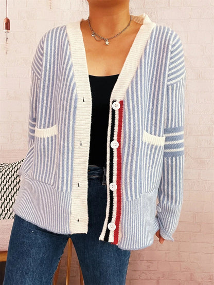 Striped Button-Front Cardigan with Contrast Trim Cardigan The Nichole Collection