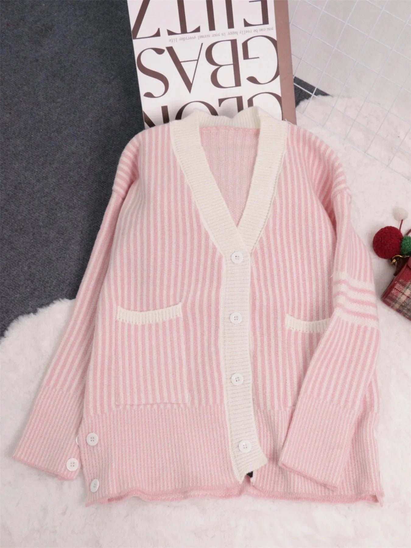 Striped Button-Front Cardigan with Contrast Trim Cardigan The Nichole Collection