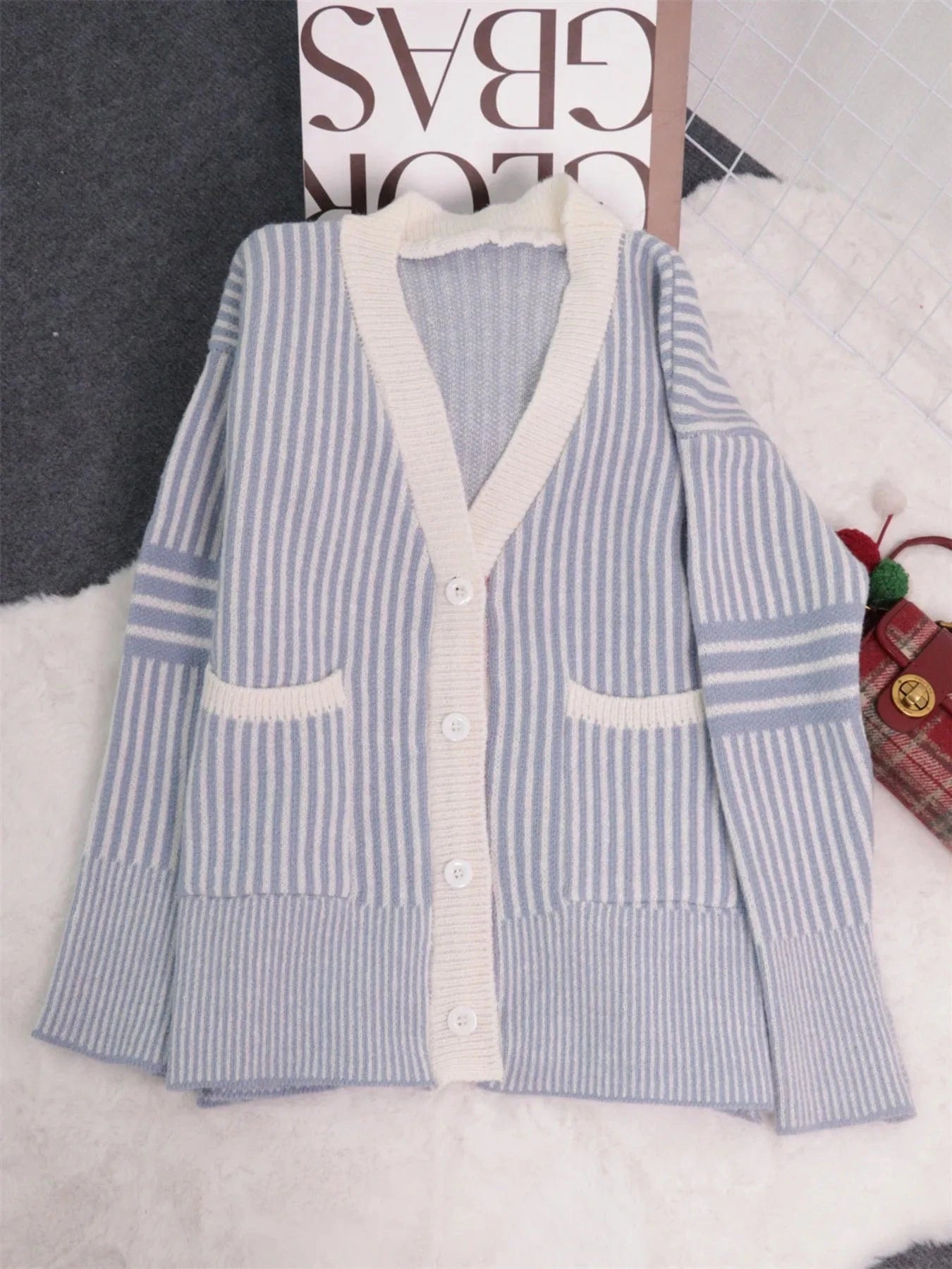 Striped Button-Front Cardigan with Contrast Trim Cardigan The Nichole Collection