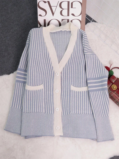 Striped Button-Front Cardigan with Contrast Trim Cardigan The Nichole Collection
