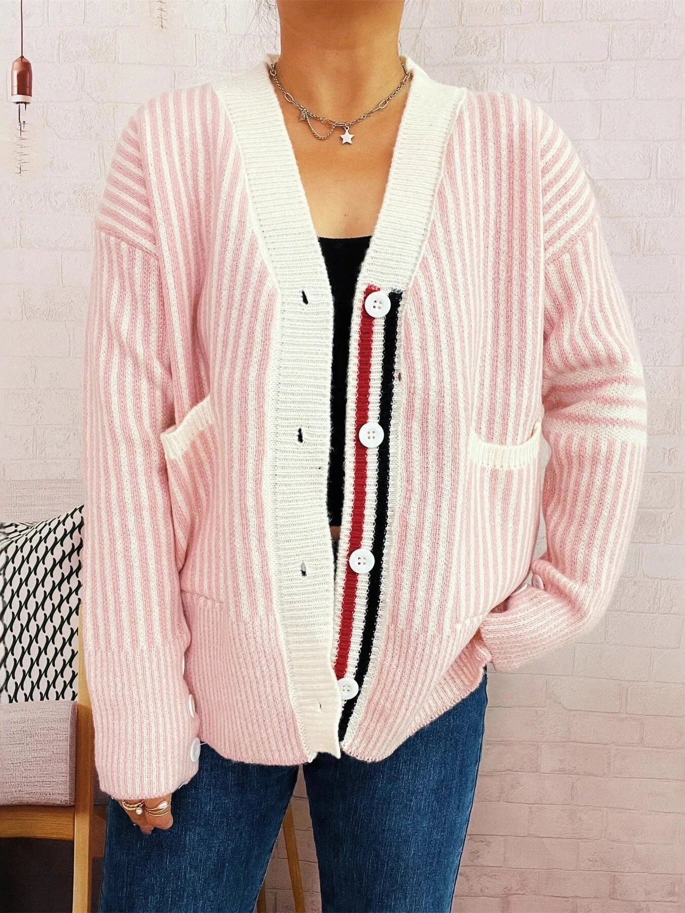 Striped Button-Front Cardigan with Contrast Trim Cardigan Pink / One Size The Nichole Collection