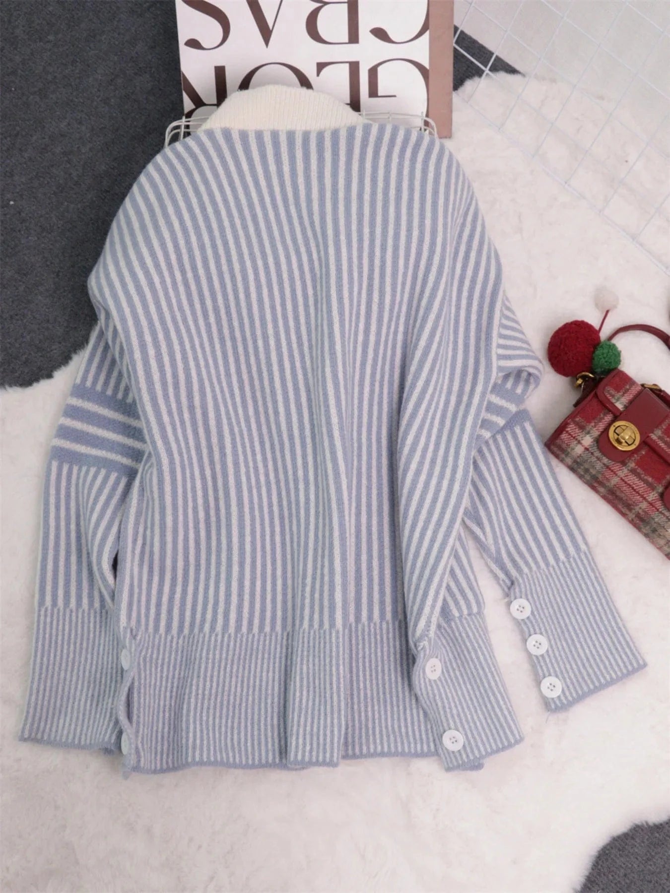 Striped Button-Front Cardigan with Contrast Trim Cardigan The Nichole Collection