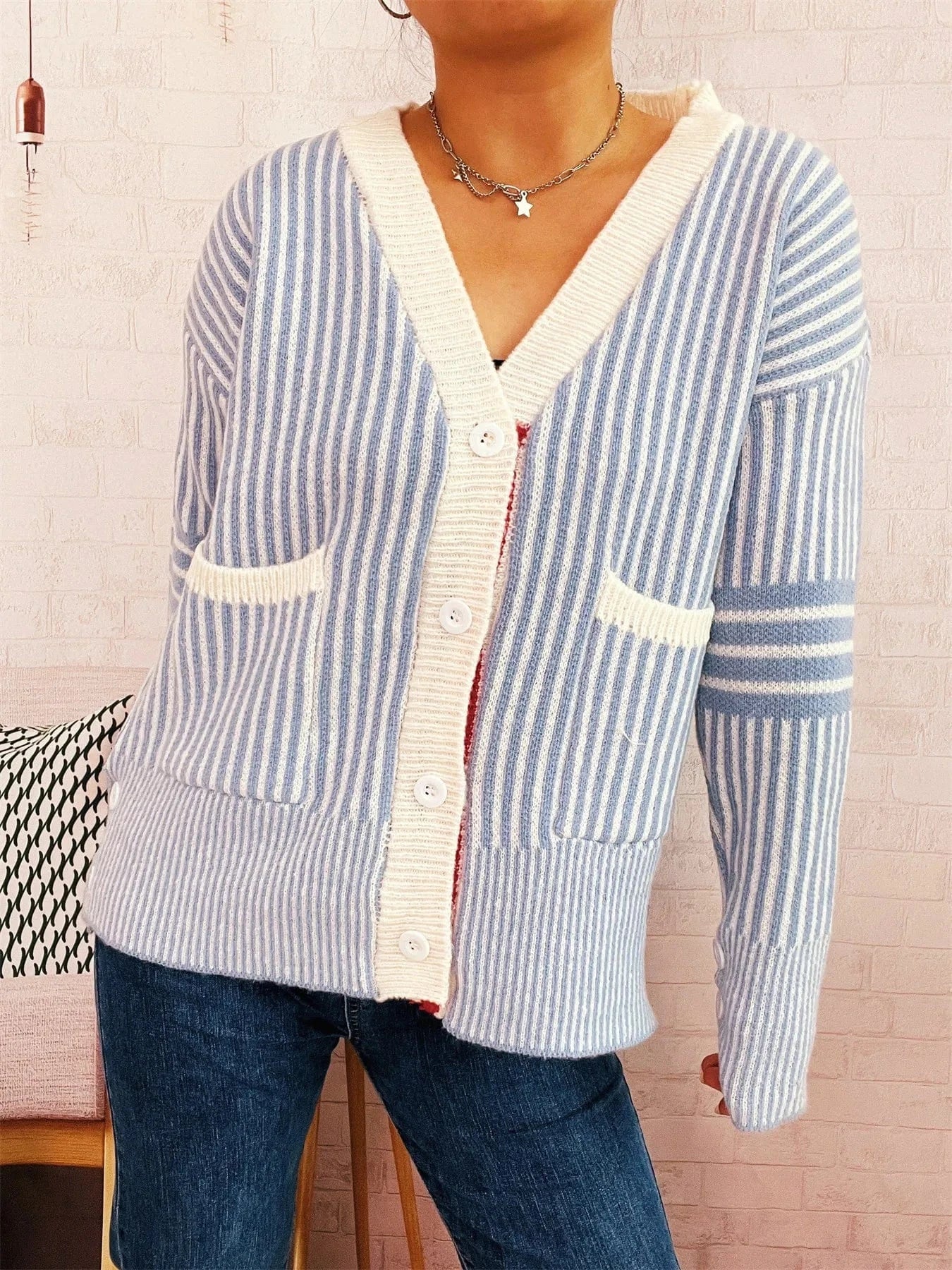 Striped Button-Front Cardigan with Contrast Trim Cardigan The Nichole Collection