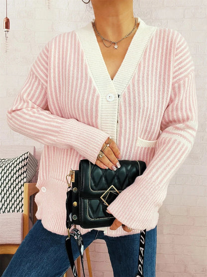 Striped Button-Front Cardigan with Contrast Trim Cardigan The Nichole Collection