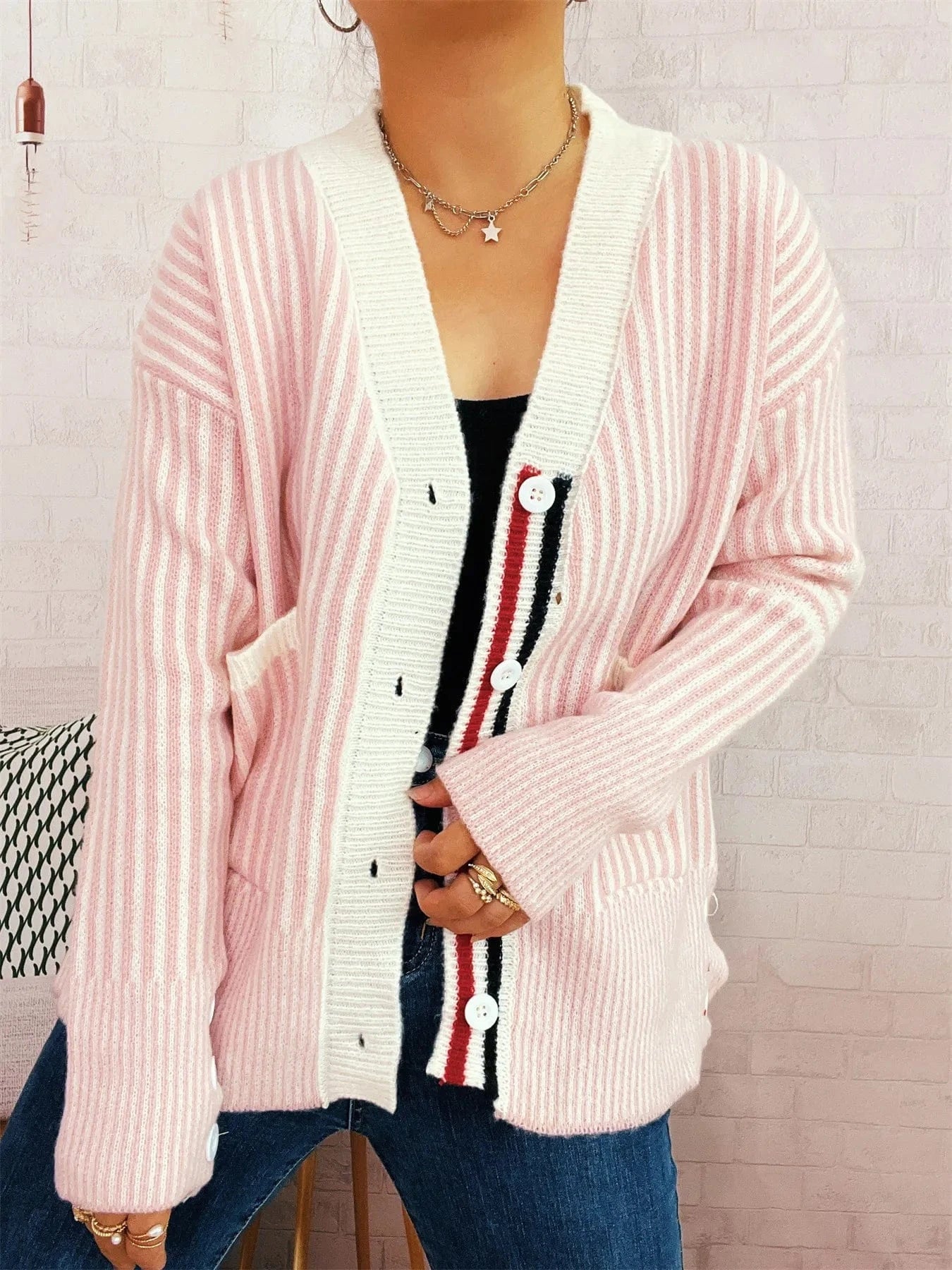 Striped Button-Front Cardigan with Contrast Trim Cardigan The Nichole Collection