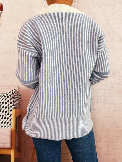 Striped Button-Front Cardigan with Contrast Trim Cardigan The Nichole Collection