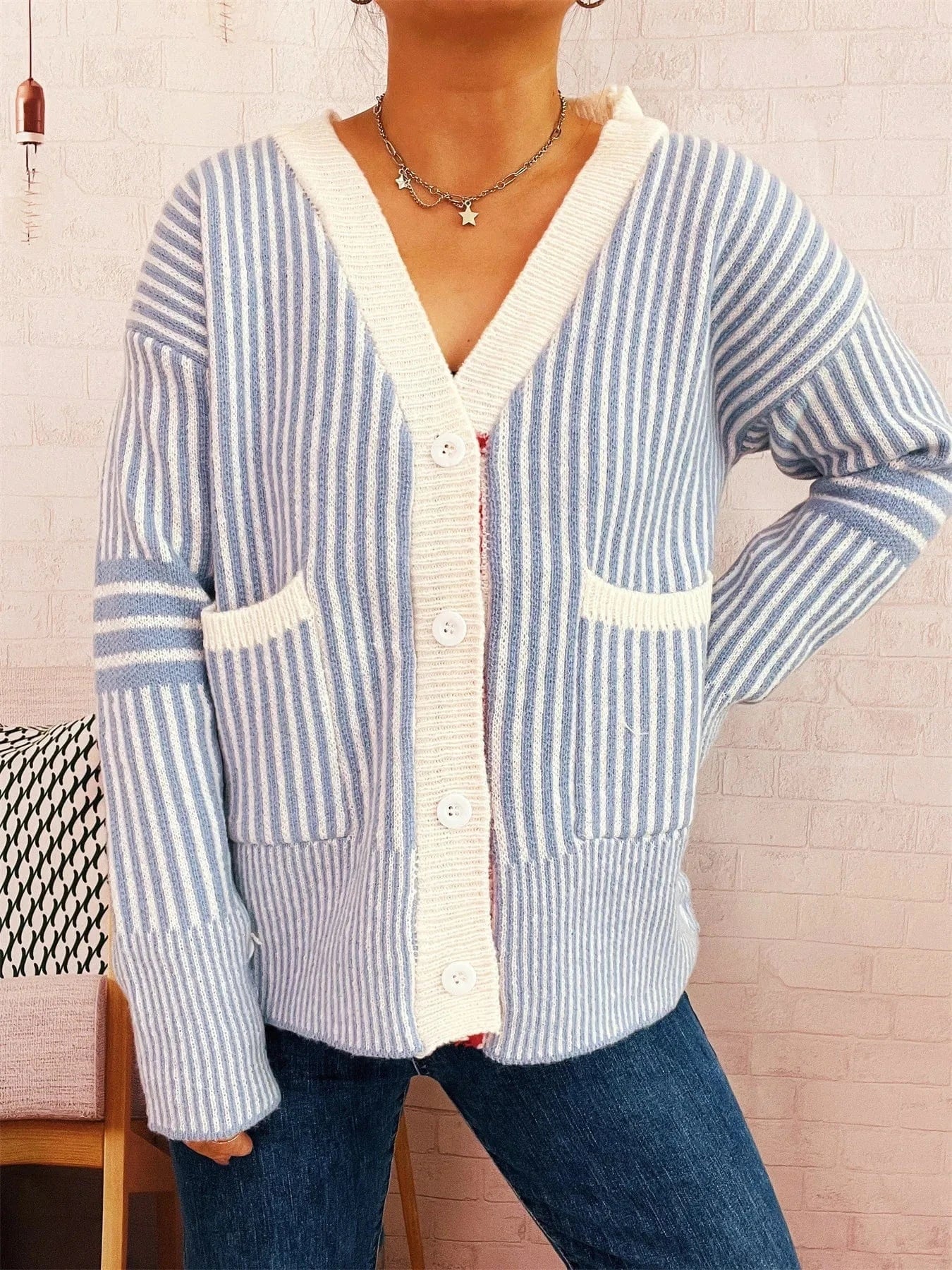 Striped Button-Front Cardigan with Contrast Trim Cardigan The Nichole Collection